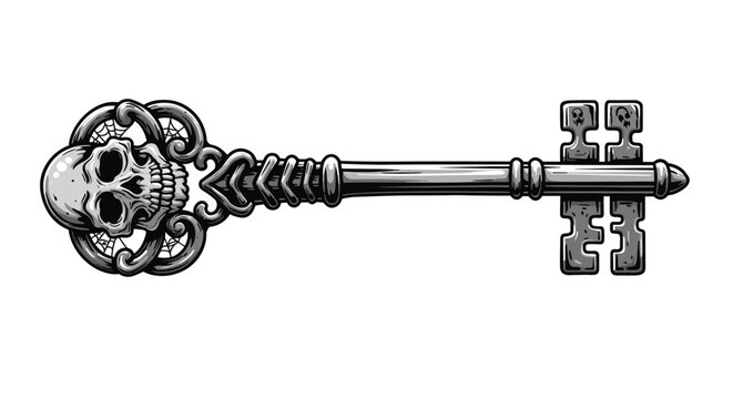Grayscale skull key intricate design with skull details on both handle and blade ends