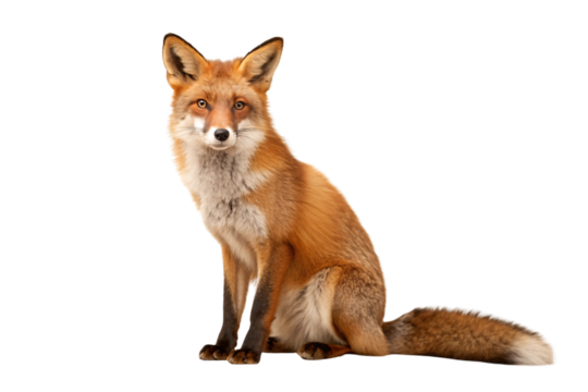 Beautiful red fox sitting with fluffy tail curled around body and intelligent amber eyes watching, isolated on a transparent background