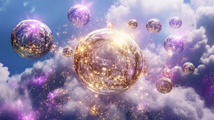 Fototapeta premium Surreal Orbs Floating Above Clouds in a Dreamlike Fantasy Landscape with Celestial Themes and Colors
