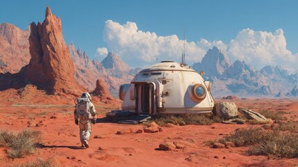 Astronaut exploring Martian landscape near habitat