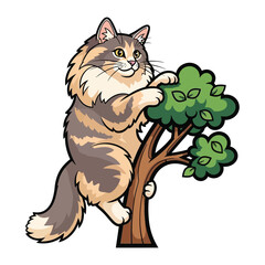 Cat Climbing Tree Illustration: An adorable cartoon cat ascends a tree with vibrant green foliage, capturing a whimsical scene of playfulness.