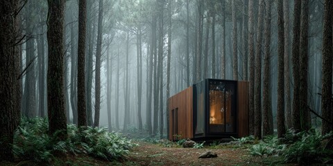 Cabin in misty forest among tall trees