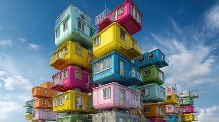 Colorful shipping container building against blue sky
