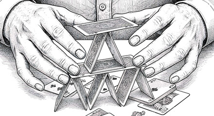 Precarious Balance: Hands Carefully Building a House of Cards Illustration