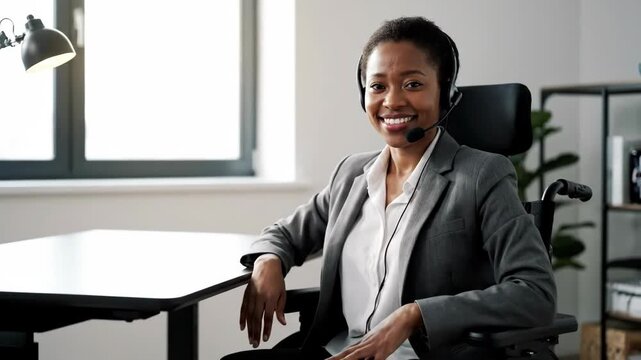 African American Woman in Wheelchair Wearing Headset Waving at Desk in Bright Office During Daytime