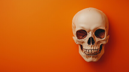 Skull isolated on orange background, minimalistic photo, copy space.