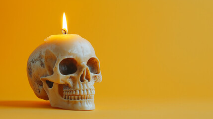 A skull with a candle on top on a yellow background, minimalist composition, space for text. Halloween concept.