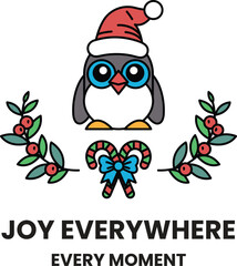 A penguin wearing a hat and bow tie is surrounded by a wreath of leaves