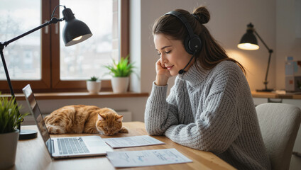 Woman studying at desk with cat sleeping