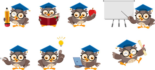 Cute Owl Teacher Cartoon Character  In Different Poses – Vector Flat Design Collection Set Isolated On Transparent Background