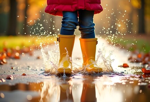 cropped image of children's feet in bright yellow rain boots jumping into autumn puddle with splashes and edge of coat on sunny day after rain
