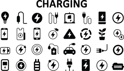 A collection of charging icons in black and white illustration