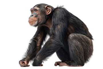 Fototapeta premium Adult chimpanzee sitting in contemplative pose with dark fur and expressive brown eyes, isolated on a transparent background