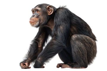 Adult chimpanzee sitting in contemplative pose with dark fur and expressive brown eyes, isolated on a transparent background