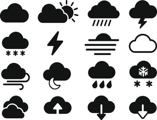 Cloud Weather Solid Black Vector Icon Set Collection on White Background