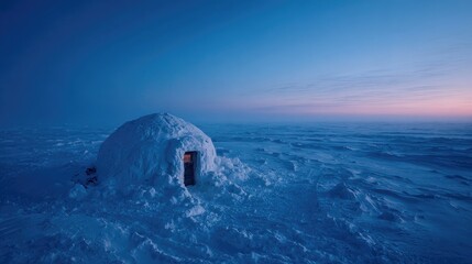 Igloo on snowy landscape at dusk