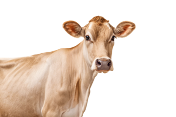 Light brown dairy cow with distinctive white markings and pink nose facing directly toward camera, isolated on a transparent background