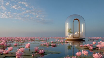 Lotus flowers and glass dome structure