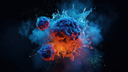 Close-up view of an exploding cell with vivid red and blue colors against a dark background showcasing dynamic biological activity