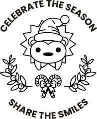 A black and white image of a bear with a hat and a bow on it