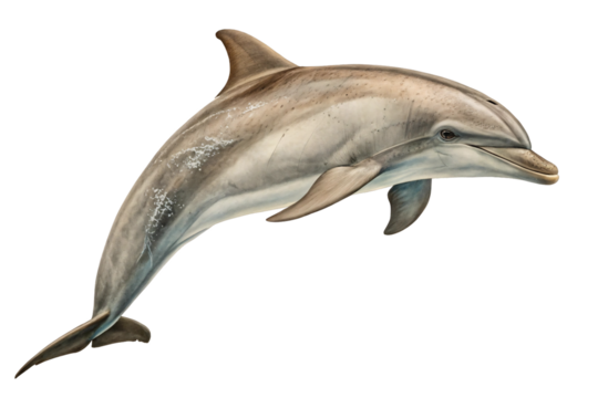 Bottlenose dolphin in graceful arched position showing smooth gray skin and characteristic curved dorsal fin, isolated on a transparent background