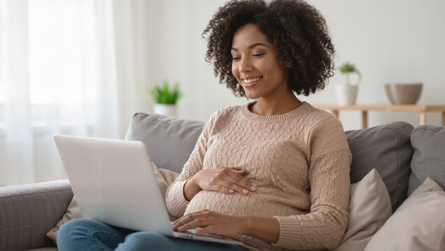 Pregnant woman working on laptop at home - Powered by Adobe