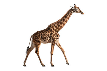 Fototapeta premium Tall giraffe with distinctive spotted pattern walking with long neck extended and legs spread, isolated on a transparent background