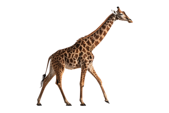 Tall giraffe with distinctive spotted pattern walking with long neck extended and legs spread, isolated on a transparent background
