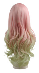 Naklejka premium Back view of a pink and green ombre long wavy synthetic hair wig isolated on transparent background
