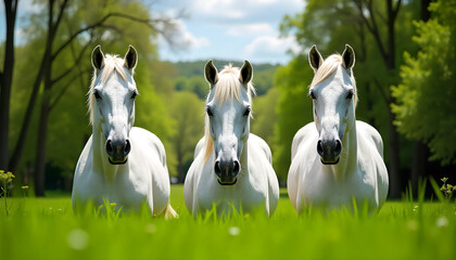 Obraz premium Three elegant white Lipizzaner horses standing on lush green grass,