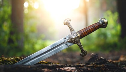 Sword resting in forest at dawn