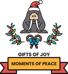 A penguin wearing a hat and a bow is sitting in front of a wreath