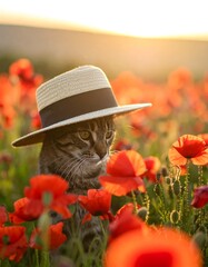 Tabby cat in a straw hat amongst poppies at sunset