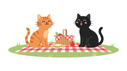 Picnic with Friends: A delightful scene unfolds as two charming cats enjoy a picnic, sharing food, friendship, and laughter on a cheerful day.
