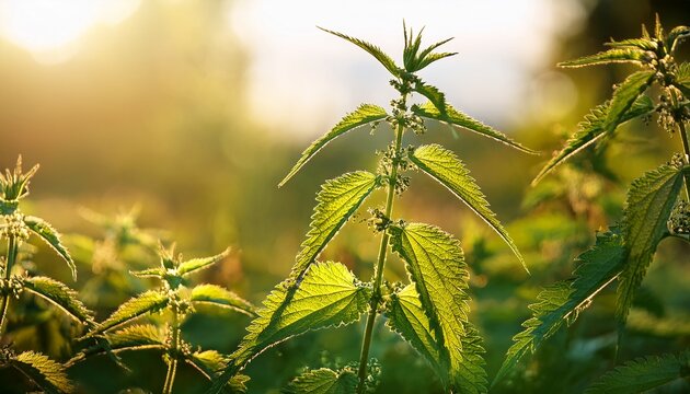 Close Up Of Stinging Nettles Urtica Dioica Leaves And Stems In A Sunny Meadow