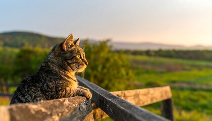 Tabby cat on a fence at sunset