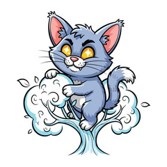 Playful Cat in Tree: A cheerful cartoon cat with a mischievous grin perches atop a whimsical, illustrated tree, exuding charm and playfulness in a vibrant, artistic depiction.