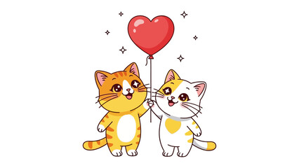 Kitten with Balloon: Adorable cartoon kittens joyfully hold a vibrant red heart-shaped balloon, set against a backdrop of shimmering stars, symbolizing the essence of love and friendship.