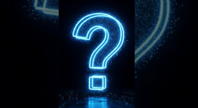 A glowing, bright neon blue question mark stands out against a dark background, creating a mysterious and enigmatic visual.