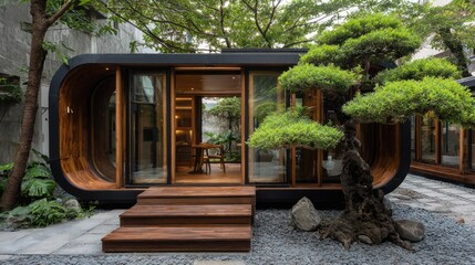 Modern wooden cabin with lush greenery and stone steps