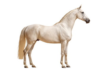 Cream colored horse standing in perfect side profile displaying elegant conformation and flowing mane and tail, isolated on a transparent background