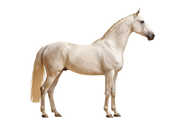 Cream colored horse standing in perfect side profile displaying elegant conformation and flowing mane and tail, isolated on a transparent background