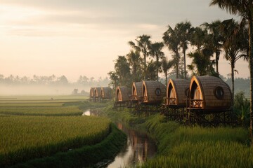 Rice fields and elevated bamboo huts in Bali