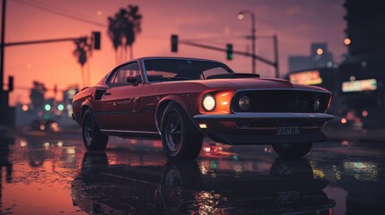 Classic Mustang in Rainy Cityscape - A Nostalgic Automotive Dream.