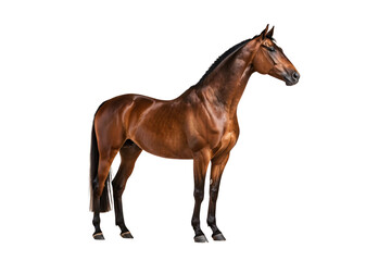 Chestnut brown horse without halter, black mane and tail, standing in three-quarter view pose, isolated on a transparent background