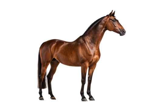 Chestnut brown horse without halter, black mane and tail, standing in three-quarter view pose, isolated on a transparent background