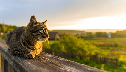 Tabby cat resting on a wooden railing, countryside at sunset