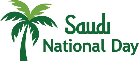 Fototapeta premium saudi National Day featuring a green palm tree, abstract geometric arabic patterns, and a bold text “Saudi National Day