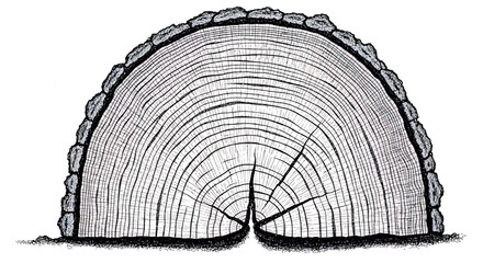 Detailed Hand-Drawn Tree Trunk Cross-Section with Annual Growth Rings and Bark