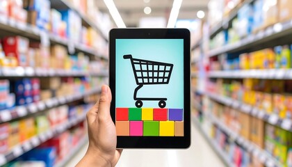 Tablet showing online grocery shopping in a supermarket aisle